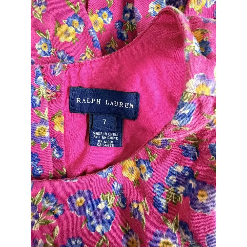 VTG Ralph Lauren Fit Flare Dress Girls 7 Pink Blue Floral Button Back Sleeveless